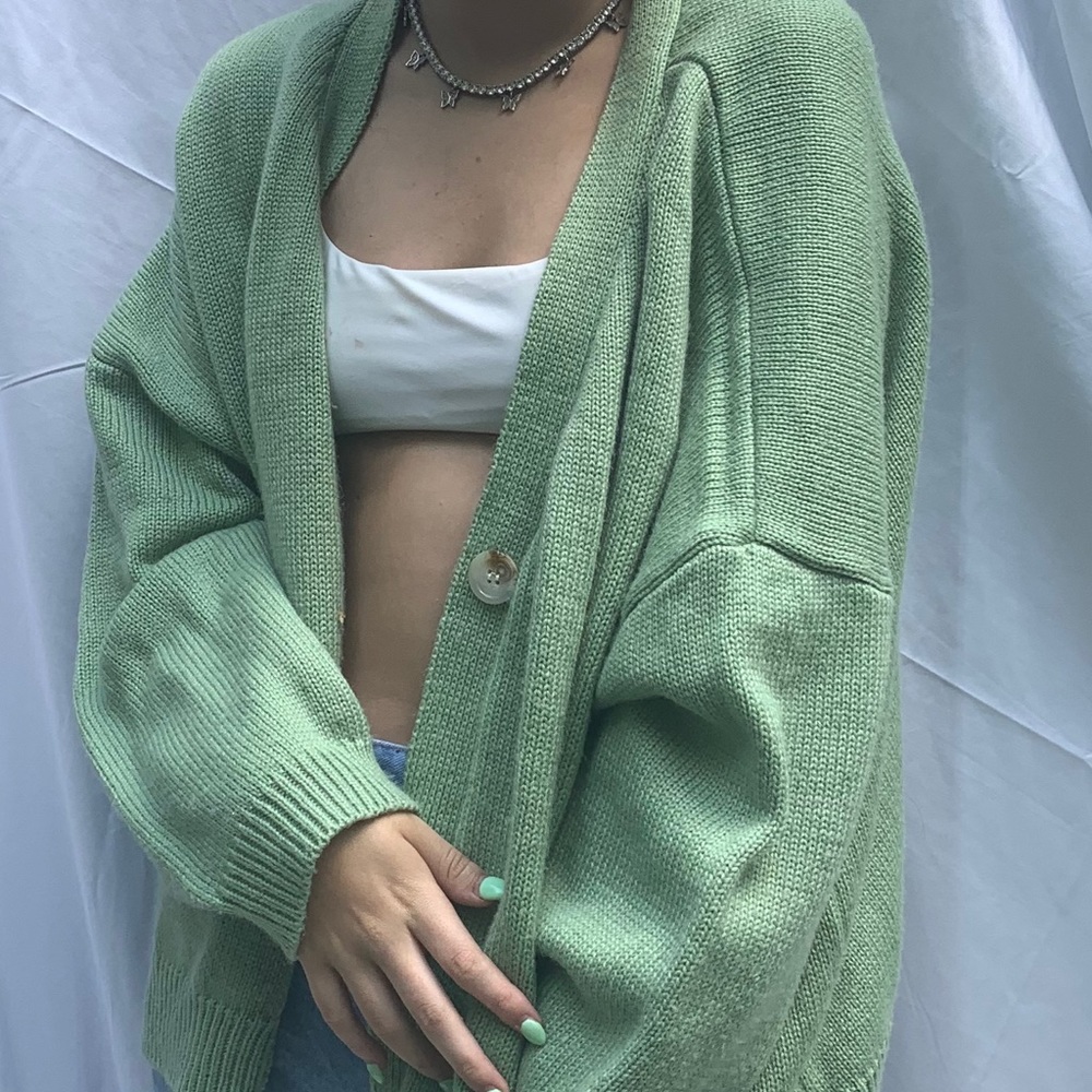 green cardigan